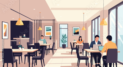 Coworkers and individuals work on their laptops while enjoying coffee in a bright modern cafe with large windows.