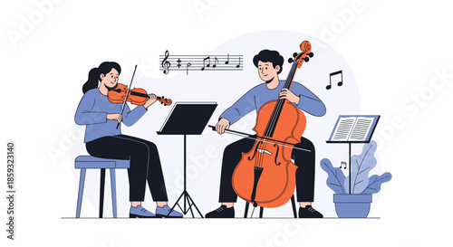 Two musicians play a violin and a cello together during a music practice session with sheet music on stands in the background.