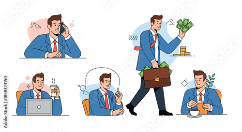 Business illustration set shows a male professional making phone calls, working on a laptop, and carrying a bag full of money.