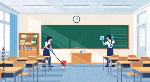 Two professional cleaners mop the floor and wipe the chalkboard in a school classroom to maintain a hygienic learning space.