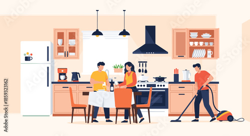 Group of friends work together to clean the kitchen by washing dishes and vacuuming the floor after a shared meal.