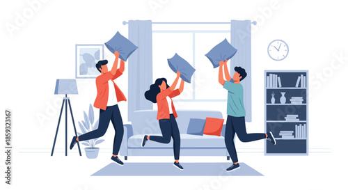 Three happy young adults have an energetic pillow fight in a cozy living room while jumping and laughing with joy.