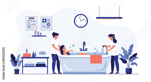 Patient receives a relaxing hydrotherapy treatment in a specialized bathtub while two nurses provide care in a clinic.