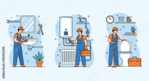 Plumbing service set showing a professional repairman fixing a bathroom sink, a heating radiator, and installing a new toilet unit.