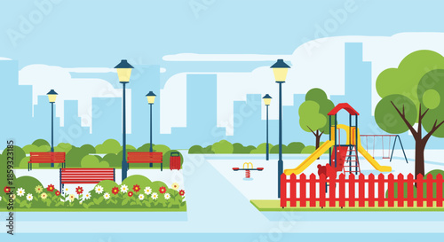 Brightly colored playground stands in a quiet city park surrounded by trees and benches against an urban skyline background.