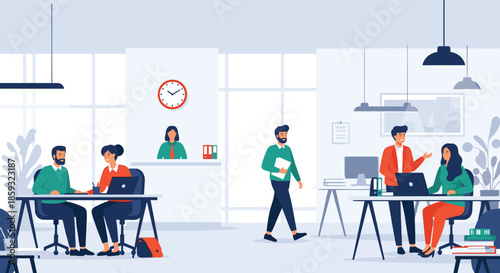 Busy modern office environment with professional employees working at desks, communicating, and a receptionist at the front counter.