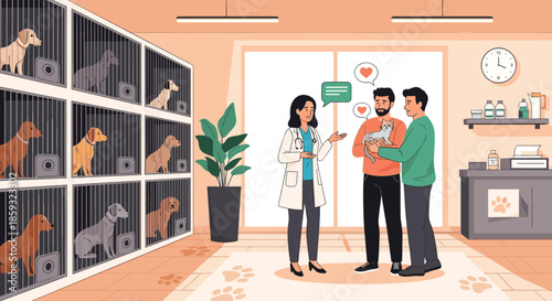 Professional veterinarian discussing animal care with two pet owners at a dog shelter or clinic with caged dogs.
