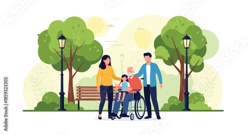 Supportive family with a young child taking a walk in a sunny park with an elderly man sitting in a wheelchair.