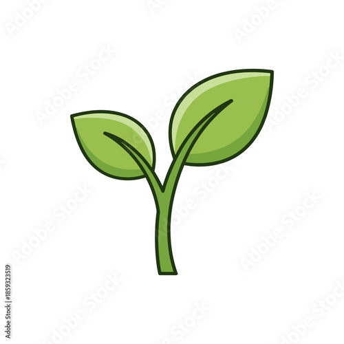 Vibrant illustration of a young plant sprout with two fresh green leaves, symbolizing new beginnings, natural growth, environmental care, and the concept of sustainable development