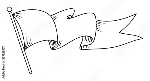Simple graphic depiction of a blank flag waving on a pole, useful for adding custom branding, informational text, or decorative motifs in various projects.