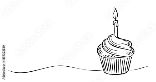 Simple hand drawn birthday cupcake with a lit candle, perfect for celebration greeting cards, party invitations, or festive event promotions.