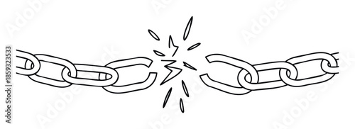 Strong black outline drawing depicting a robust chain breaking apart in the center signifying liberation or overcoming obstacles perfect for impactful graphic projects and visual