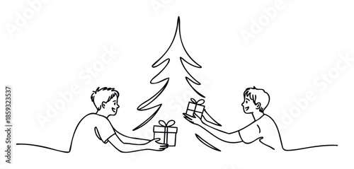 Friends exchanging gifts under a festive Christmas tree drawing symbolizes holiday spirit and celebration suitable for seasonal greetings or joyful event promotions