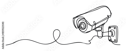 Continuous line drawing of a modern security camera, symbolizing constant vigilance and technological monitoring for safety and protection applications.
