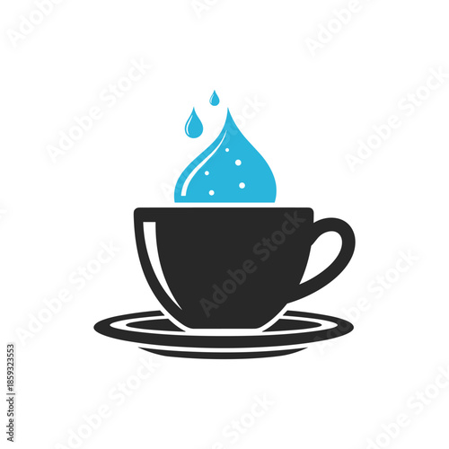 Cup of Refreshing Water with Blue Droplets and Saucer