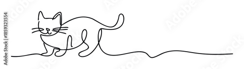 Minimalist continuous line drawing of a graceful domestic cat, excellent for use in pet care marketing, childrens product packaging, or contemporary home decor prints
