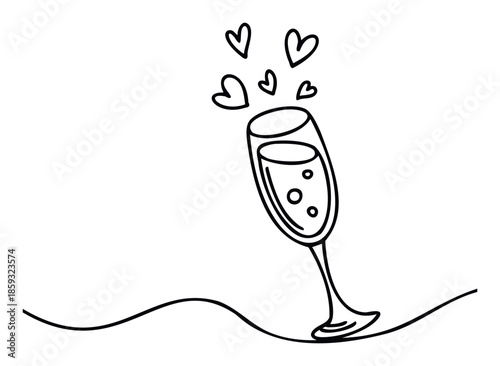 A charming outline drawing of a champagne flute with effervescent bubbles and floating hearts, perfect for romantic celebrations, wedding invitations, or holiday greetings.