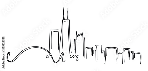 Contemporary handdrawn metropolitan skyline featuring a prominent tall skyscraper and surrounding buildings with a decorative written phrase, ideal for urban event promotions, publication