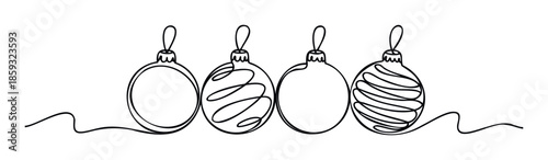 Minimalist black outline drawing of four Christmas ornaments connected by a continuous line, perfect for holiday greetings, winter season decorations, or festive event promotions.