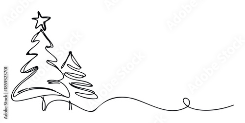 Continuous line drawing of two Christmas trees with a star on the taller one, perfect for minimalist holiday greeting graphics, winter season decoration, or festive event invitations