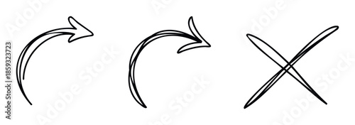 Hand drawn black doodle arrows and cross symbol set for providing clear directional navigation or emphasizing specific elements in user interface and diverse graphic design projects.