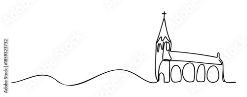 Minimalist one line drawing of a Christian church with a cross on the steeple, suitable for spiritual websites, modern design projects, or architectural concepts.