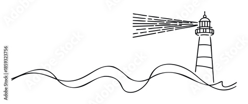 Minimalist line drawing of a towering lighthouse casting guiding light beams across wavy ocean currents, ideal for maritime themed branding, travel graphics, or coastal adventure