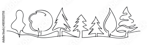 Minimalist single line illustration depicting various natural forest trees from leafy deciduous to pointed evergreen for environmental themes and modern graphic presentations