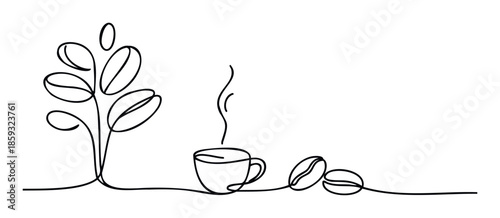 Minimalist continuous line drawing depicting a vibrant coffee plant alongside a steaming hot beverage cup and roasted coffee beans, suitable for cafe decoration or morning routine branding.