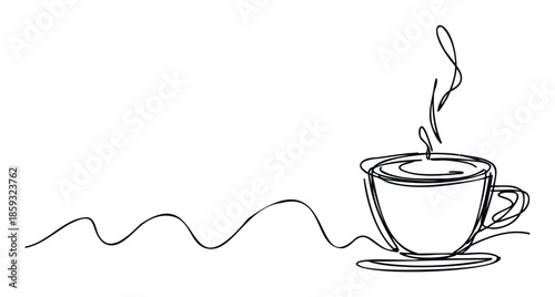 Black ink sketch of a cup of hot coffee on a saucer with a flowing underscore, ideal for modern restaurant decor, inviting social media graphics, or beverage themed print media.