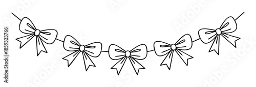 Simple outline drawing of decorative bows strung together as a graceful garland, perfect for adding a charming border to celebration designs or festive event invitations