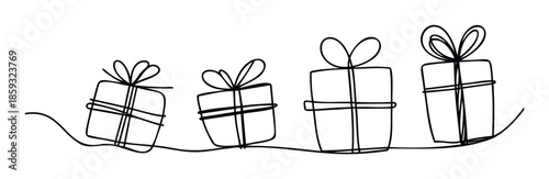 Minimalist single line drawing featuring a progression of birthday or holiday gift boxes symbolizing celebration and surprise ideal for party invitations and seasonal promotions