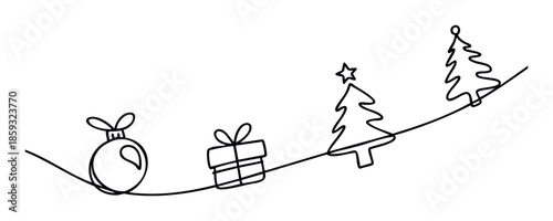A minimalist continuous line drawing of Christmas bauble, gift box, and fir trees creates a modern graphic for holiday season greetings, winter celebrations, and festive event promotion.