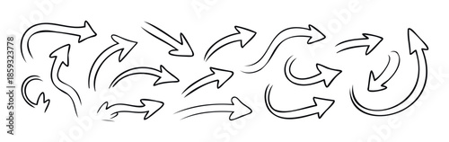 Dynamic collection of handdrawn doodle arrows for pointing, indicating direction, and adding visual emphasis in presentations, educational materials, or graphic projects.