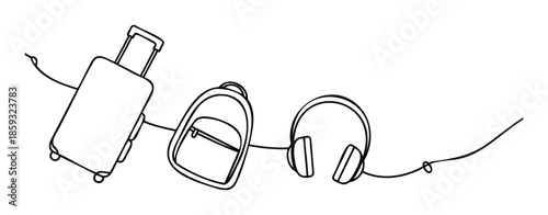 Continuous line drawing illustrating essential travel gear including a rolling suitcase, backpack, and headphones, perfect for marketing travel services, vacation promotions, or luggage