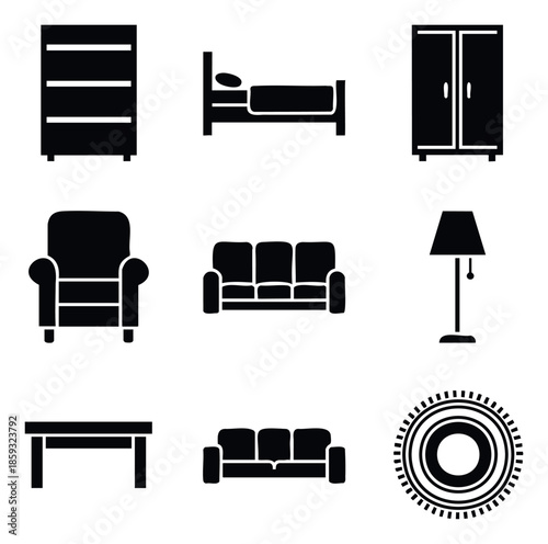 Collection of black furniture and home decor icons featuring bed, sofa, armchair, wardrobe, table, lamp, and rug, perfect for interior design, home furnishing concepts, and decorative