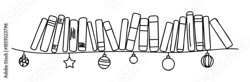 Doodle line drawing of an assorted collection of books arranged on a shelflike line with hanging Christmas ornaments suitable for festive holiday marketing or reading celebration events