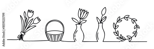 Minimalist continuous line drawing depicting spring flowers like tulips in vases and a bouquet alongside a basket and leaf wreath perfect for seasonal holiday greeting or home decor projects