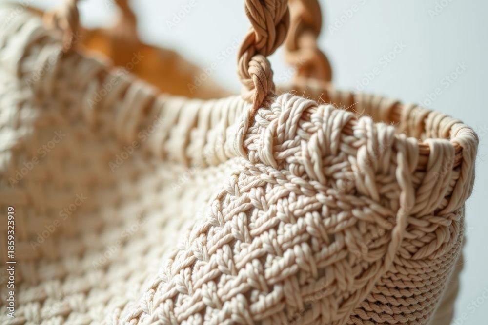 Obraz premium A close-up of a beautifully woven natural basket, showcasing intricate details and craftsmanship in a light, neutral setting.