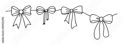 Festive line art garland with doodle style bows strung together perfect for holiday greeting invitation cards or scrapbooking borders