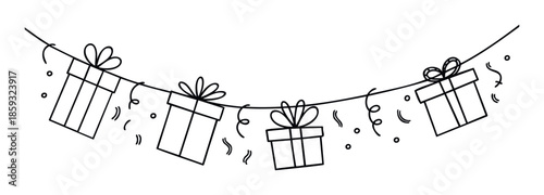 Outline gift boxes with bows and confetti hanging on a curved line, perfect for holiday greetings, birthday party invitations, and celebration decorations.