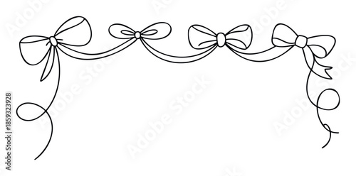 Elegant continuous line drawing of multiple decorative bows forming a sophisticated top border, perfect for enhancing event invitations, festive greeting cards, or charming gift packaging.