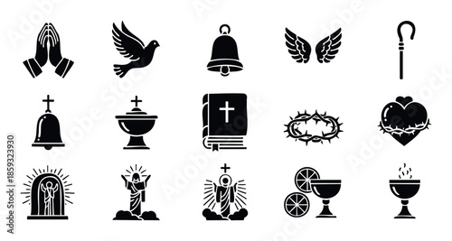 A comprehensive collection of spiritual black silhouette icons depicting Christian religious symbols and sacred figures perfect for church applications, faithbased publications, and