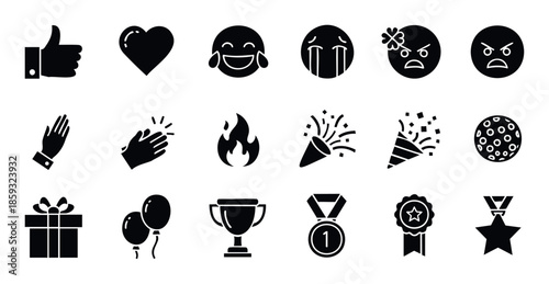 Engaging assortment of positive negative emotion emoticons and festive celebration success reward icons perfect for modern interactive user experiences and communication tools