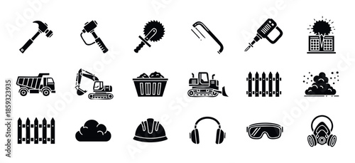 Essential construction demolition and safety equipment icons for building engineering projects industrial graphics and technical information