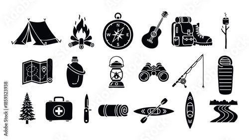 Essential outdoor adventure activity symbols and camping equipment collection, perfect for web graphics, informational material, and nature exploration themed projects.