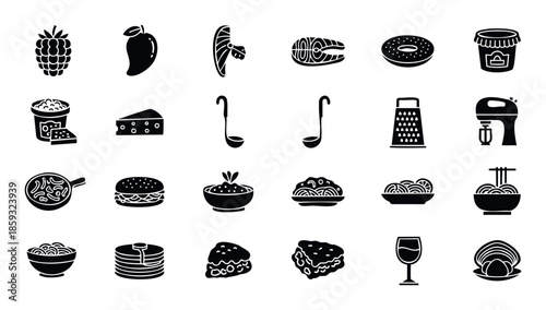 Collection of essential food and kitchen utensil solid glyph icons for culinary recipe applications, restaurant menus, cooking blogs, and grocery store advertising.