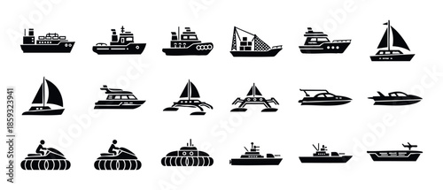 Modern black silhouette icons of various watercraft, including cargo ships, tugboats, yachts, sailboats, fishing boats, speedboats, hovercraft, and naval ships, ideal for marine