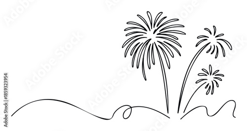 Continuous line drawing of festive fireworks exploding in the night sky, perfect for party invitations, holiday greetings, celebration banners, or event promotions