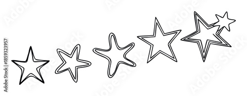 A progressive line of handdrawn outlined stars in varying sizes and abstract shapes, ideal for decorative graphics, visual development, and engaging background accents.